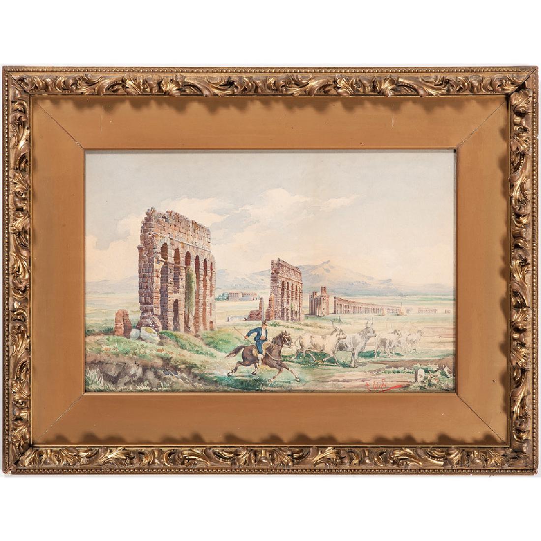 Roberto Gigli (Italian, 1846-1922): Herding Cattle watercolor signed l.r. framed under glass 13.5 x 20.5 in. (sight)