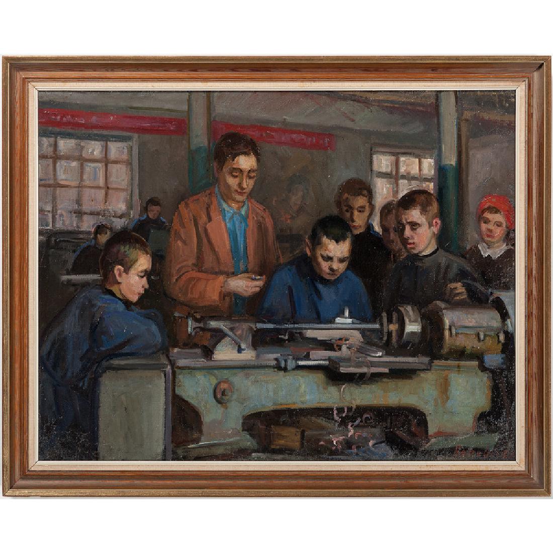 Russian Soviet Era Painting: Russian, mid-20th century. Oil on canvas, framed. A classroom scene with lathe training, signed illegibly l.r.; 22.75 x 29.25 in. (sight).