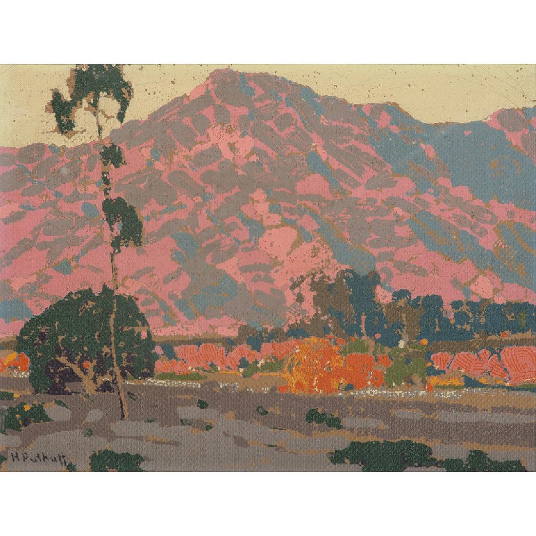 Hanson Duvall Puthuff (American, 1875-1972): Mountain Scene oil on paper, possibly stenciled signed l.l. framed 11 x 14.5 in. (sight)
