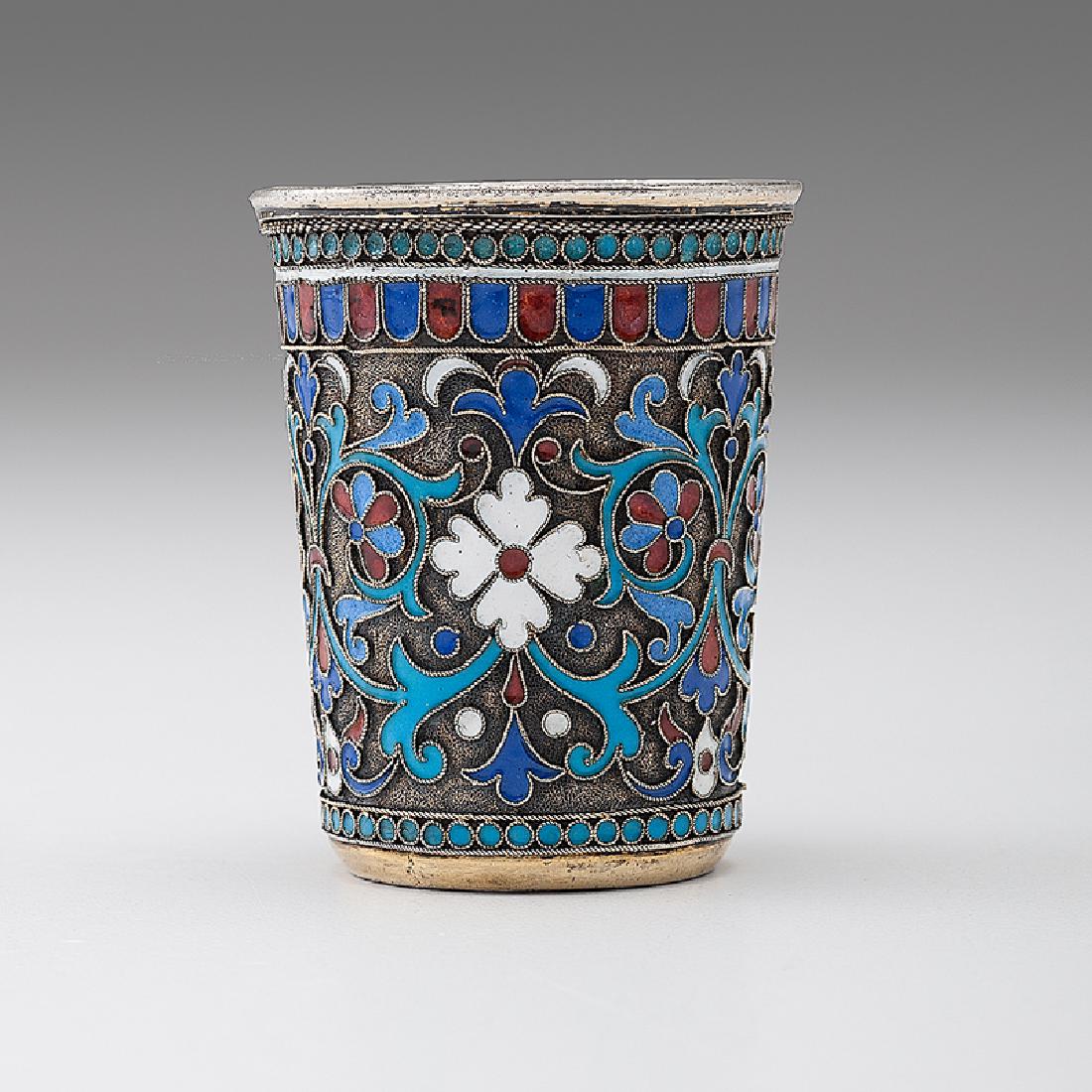 Russian Gilt Silver Enamel Beaker: Russian (Moscow), ca 1896. A gilt silver beaker with polychrome enamel decoration, impressed on underside with assay, town and maker's mark for Ivan Saltykov; ht. 2.25 in.