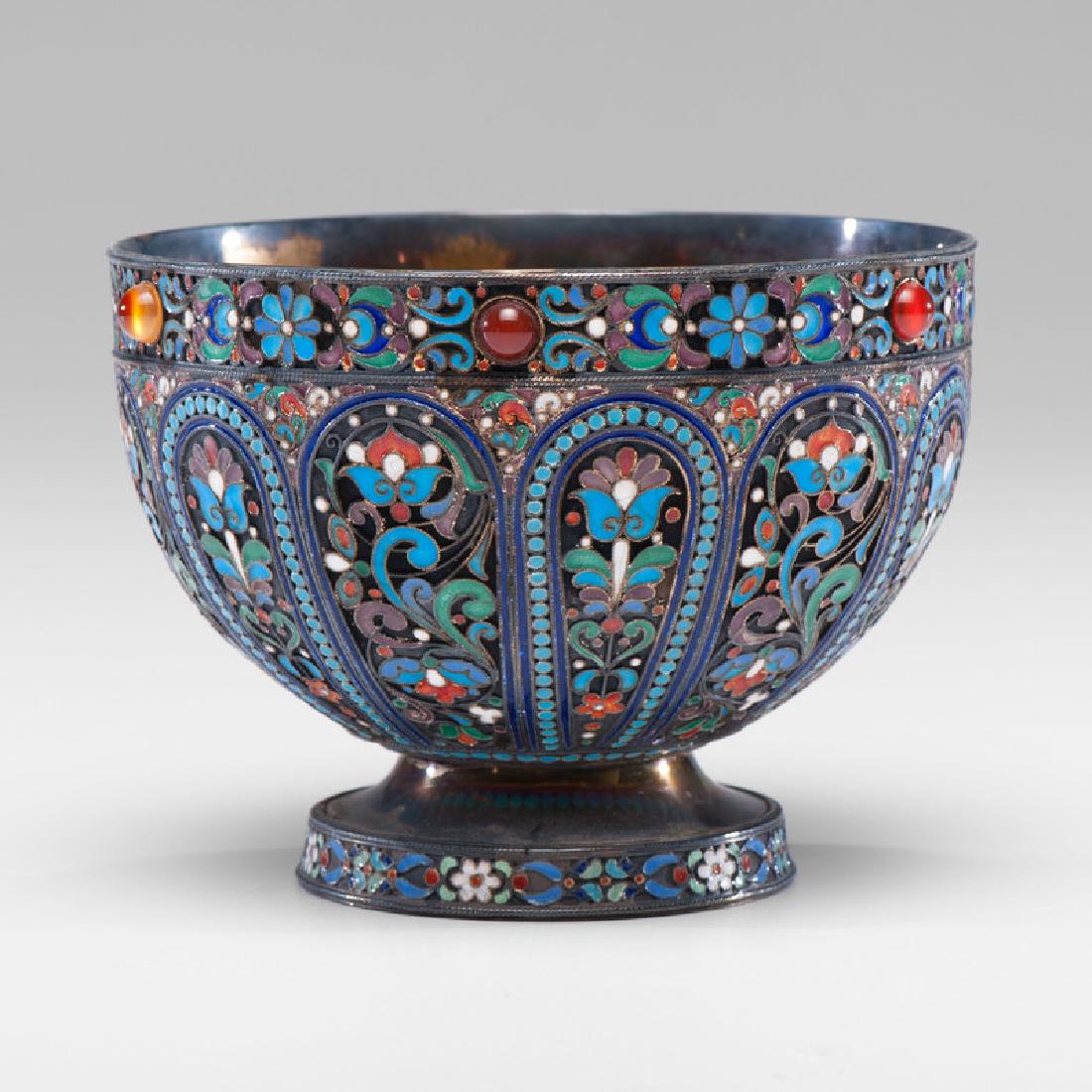 Russian Silver-Gilt and Enamel Footed Bowl: Russian (Moscow), 1891. A silver-gilt footed bowl with fine enamel decoration and cabochons to rim, marked on underside of foot with assay mark AO, standard, town and maker's mark of Gustav Klingert;