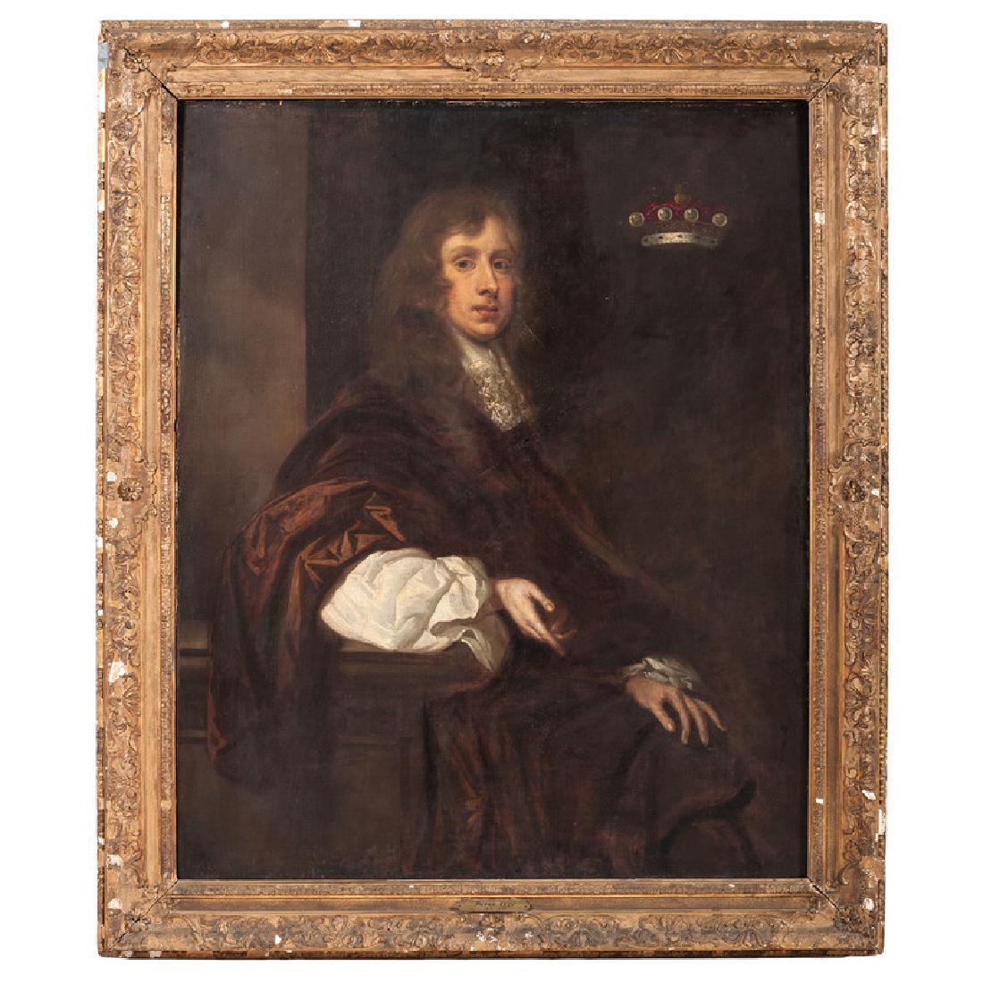 School of Peter Lely, Portrait of Sir Thomas Crew,: School of Peter Lely (English, 1618-1680). Oil on canvas, housed in original gilt frame. A seated portrait of Sir Thomas Crew with a Baron coronet vignette in the upper right corner, unsigned; 49 x 3