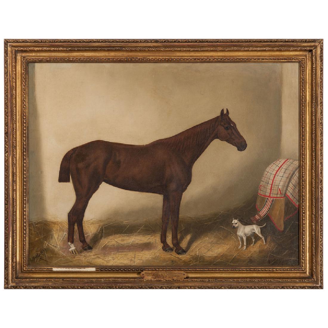 Equestrian Portrait of Emblematic, Winner of the 1864: English, 1865. Oil on canvas, framed. An equestrian portrait featuring the mare Emblematic and a bulldog in a stall, signed and dated 1865 l.l.; 17.5 x 23.25 in. (sight). Accompanied by a purchase rec