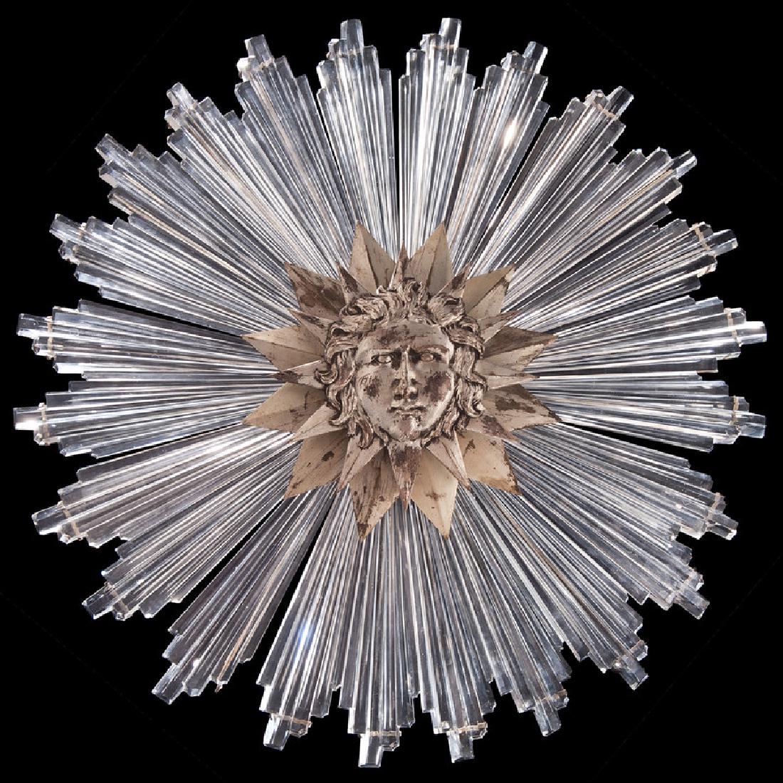 Art Deco Austrian Chandelier from Wurlitzer Mansion,: Austrian, ca 1920s. An Art Deco chandelier with a silvered metal sun mount surrounded by crystal glass rays; dia. 37 in. This chandelier was originally installed in the home of Rudolph Henry Wurlitzer