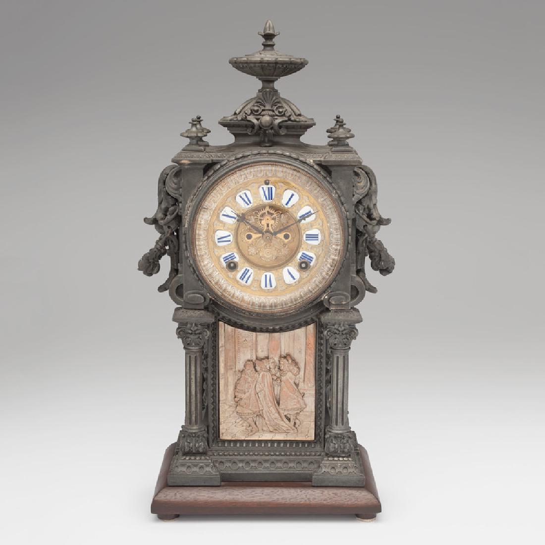 Ansonia Shelf Clock: American (New York), late 19th century. A shelf clock by Ansonia Clock Co., with an eight-day time and strike movement and open escapement, in a pewter-colored spelter case on wooden base, decorated