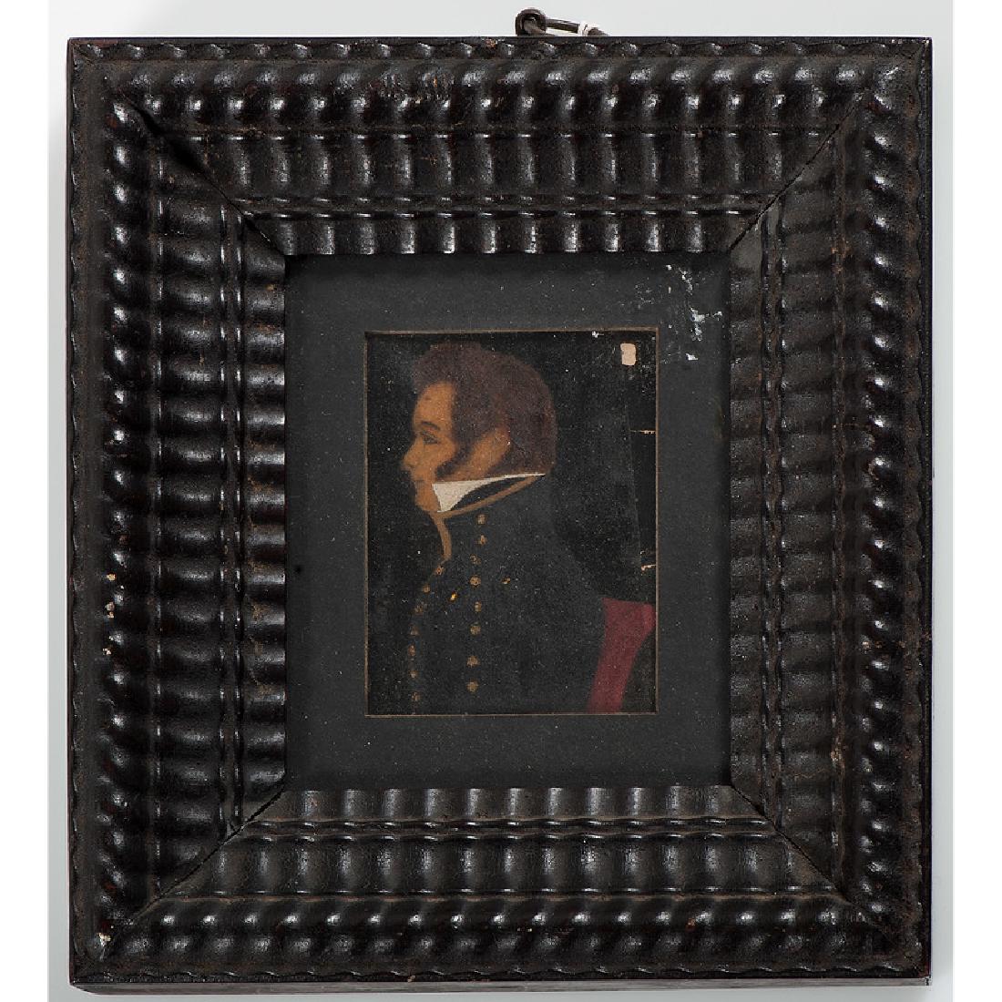 Folk Art Portrait of Lt. Simon Chase, KIA Battle of: American, 19th century. A folk art portrait on paper with label on verso identifying sitter as Lt. Simon Chase. Matted and housed in a carved frame; 3 x 2.25 in. (sight), 7.25 x 6.75 in. (frame). Prov