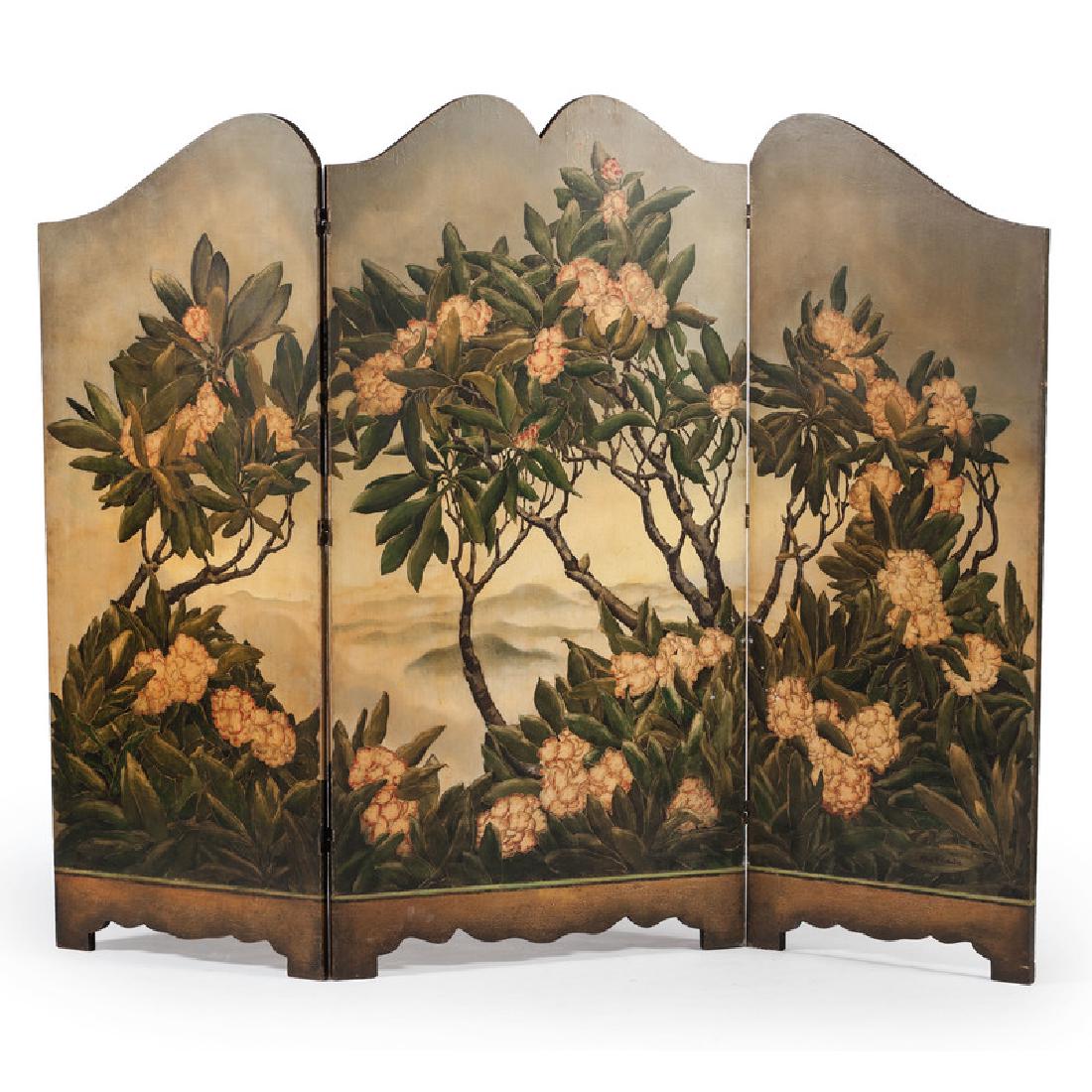 Wooden Three-Panel Screen Decorated by George Parker: George Parker (American, 1888-1957). A wooden screen made of three panels decorated with a foggy landscape and branches in bloom in the foreground, with a scalloped top and scalloped skirts, signed l.
