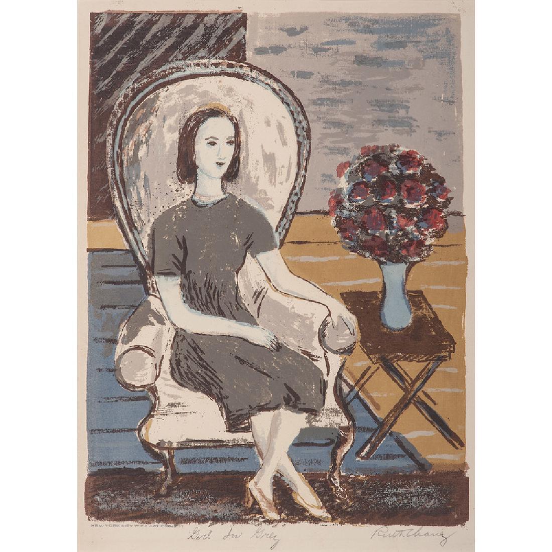 Ruth Chaney (American, 1908-1973): Girl in Grey color lithograph signed in pencil l.r. titled in pencil l.c. stamped New York City WPA Art Program l.l. framed 15 x 10.75 in. (sight) 25.5 x 19