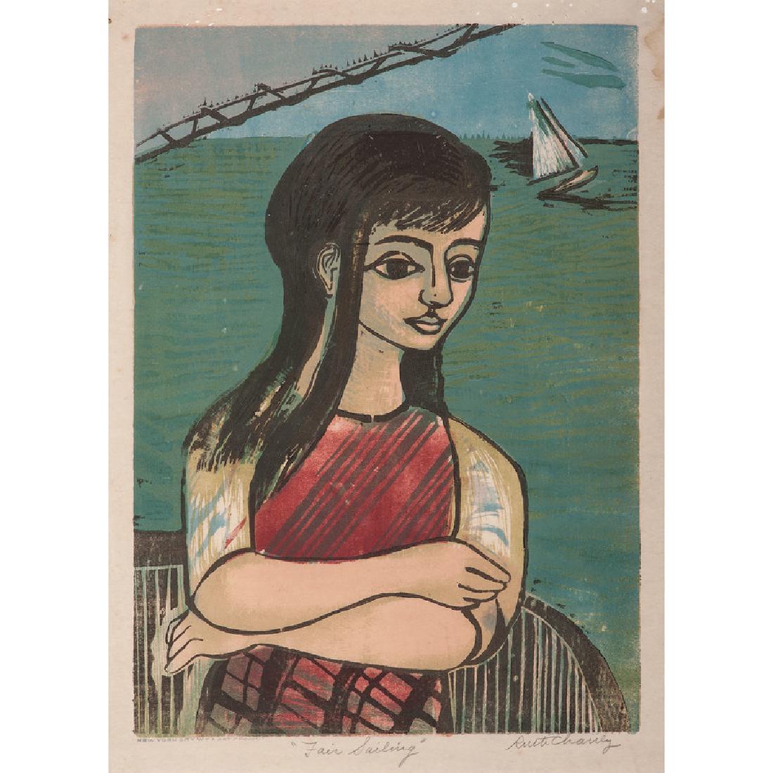 Ruth Chaney (American, 1908-1973): Fair Sailing color lithograph signed in pencil l.r. titled in pencil l.c. stamped New York City WPA Art Program l.l. framed 14 x 10 in. (plate) 25.5 x 19.5