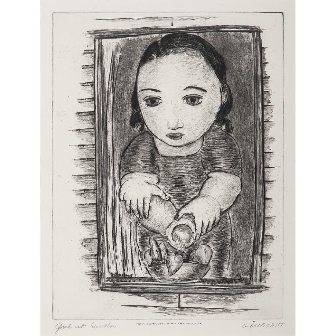 George Zachary Constant (American, 1892-1978): Girl at Window etching signed in pencil l.r. titled in pencil l.l. stamped New York City WPA Art Project l.c. framed 12 x 9 in. (plate)