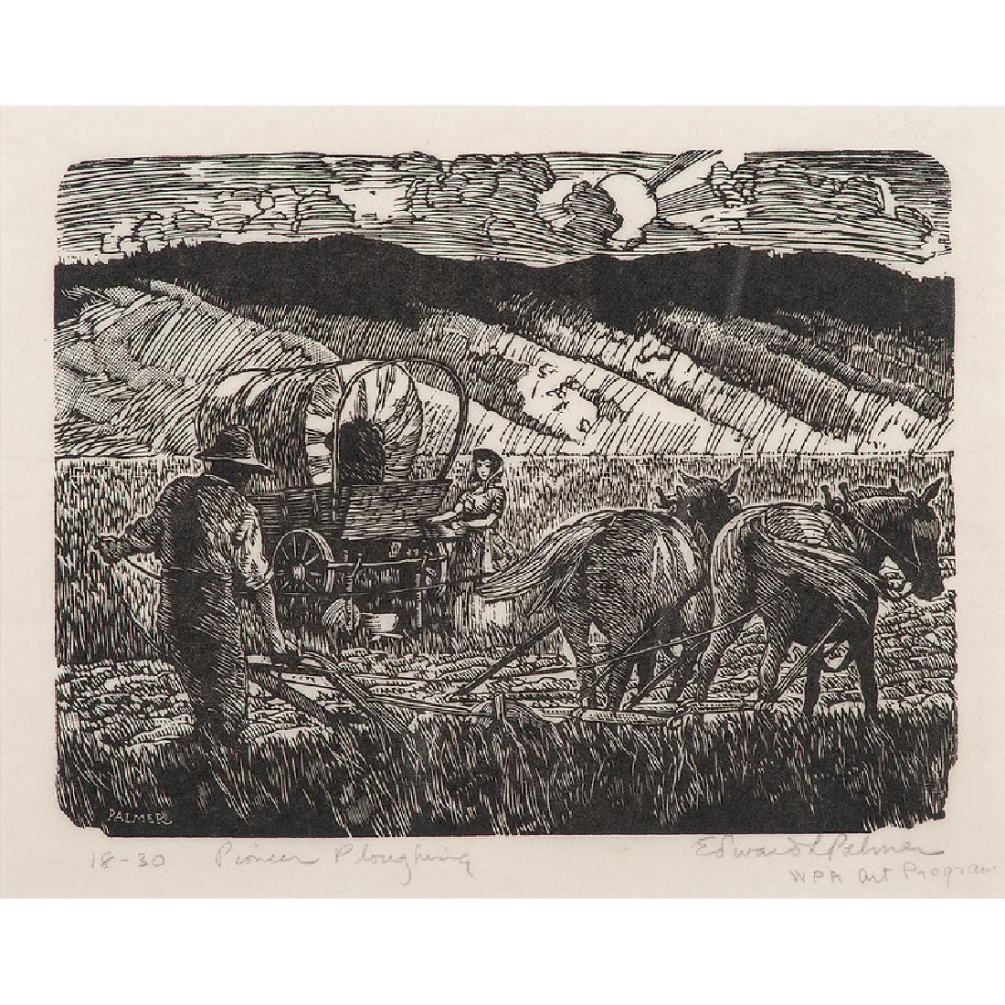 Edward L. Palmer (American, 20th century): Pioneer Ploughing woodcut signed and inscribed WPA Art Program in pencil l.r. numbered 18-30 and titled in pencil l.l. framed 7 x 8.75 in. (sight)