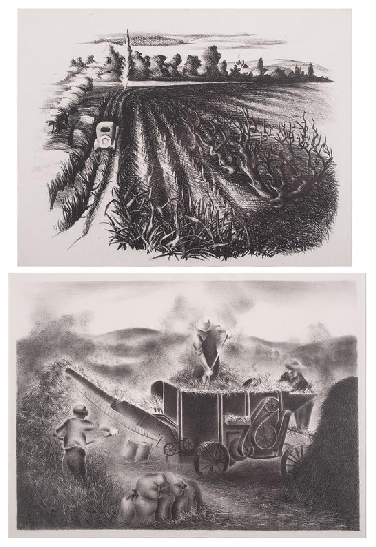 Regionalist Lithographs of Corn and Wheat Fields: American, 20th century. Two unframed (matted) lithographs in the Regionalist style depicting farm workers gathering hay and a car driving through a corn field, each unsigned; 10 x 13.5 in. (sight of 