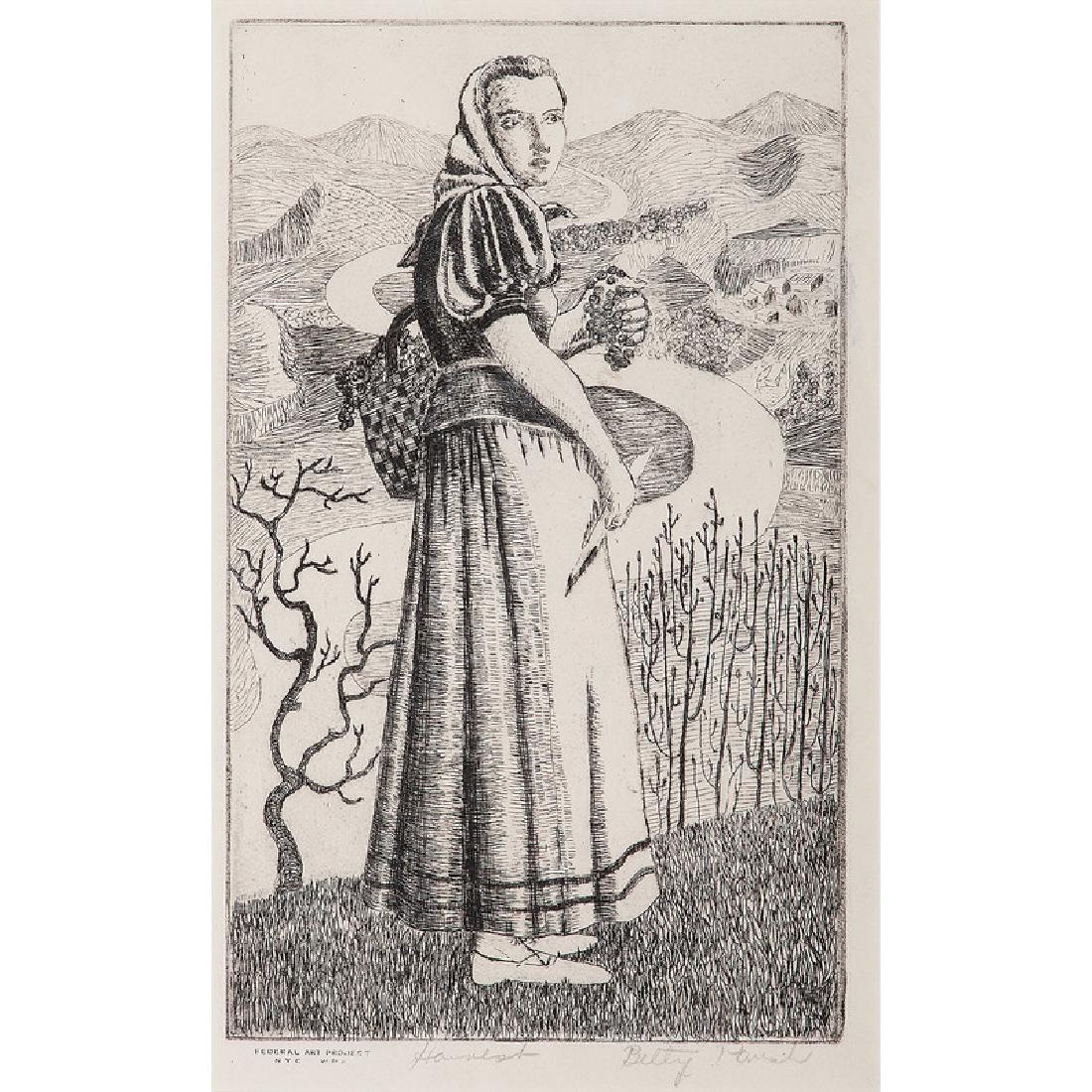 Betty Waldo Parish (American, 1910-1986): Harvest etching signed in pencil l.r. titled in pencil l.c. stamped Federal Art Project NYC WPA l.l. 9.74 x 5.75 in. (plate) 21.5 x 17.5 in. (frame)