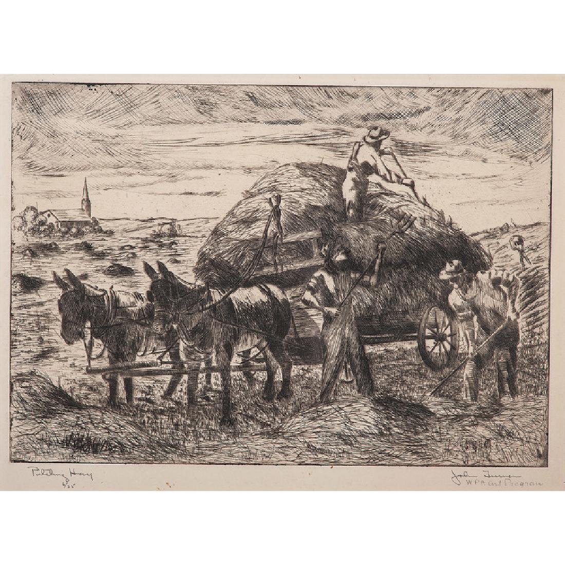 John Turner (American, 20th century): Patching Hay etching signed and inscribed WPA Art Program in pencil l.r. titled and numbered 6/25 in pencil l.l. framed 8.5 x 11.75 in. (plate) 17.5 x 21.5 in.