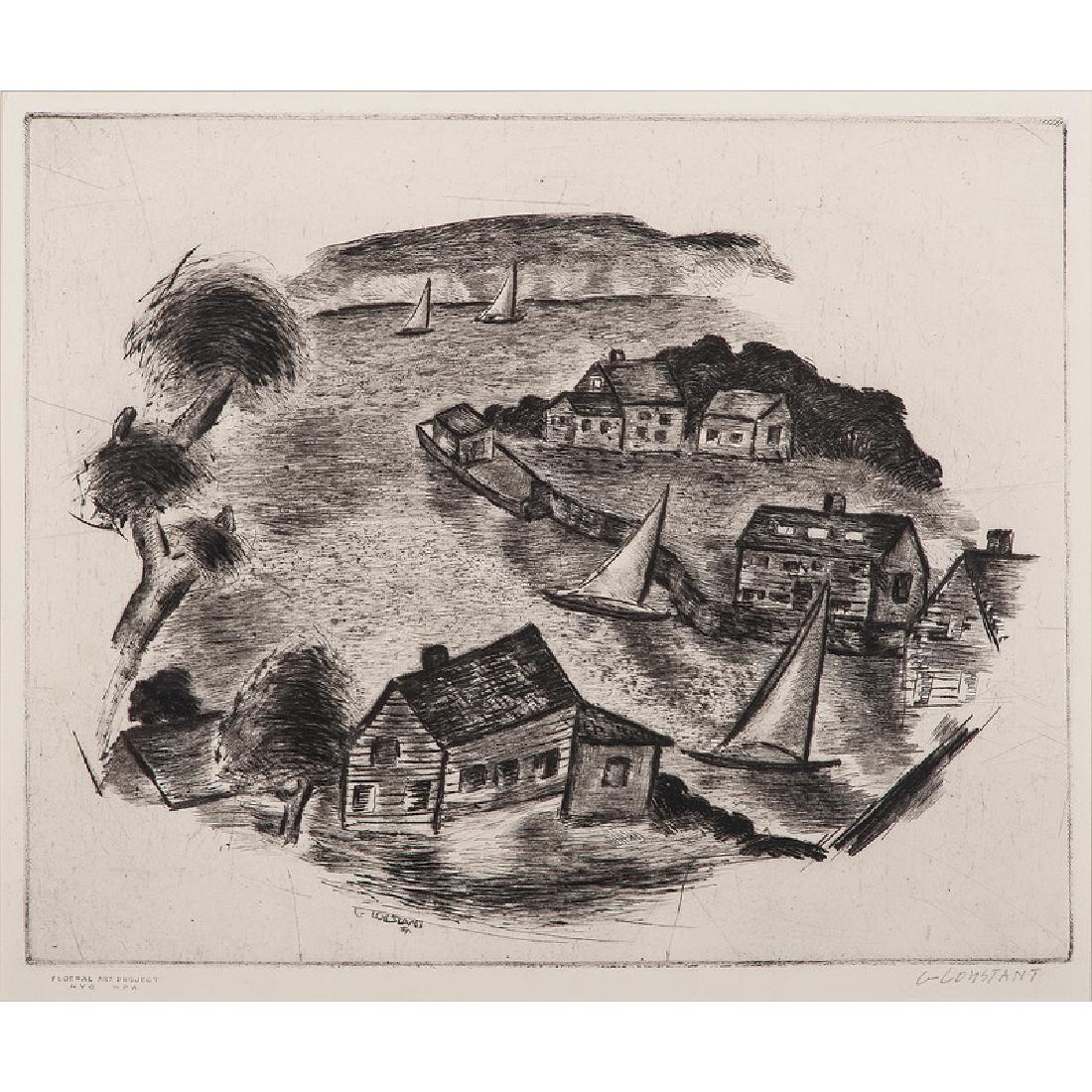 George Zachary Constant (American, 1892-1978): Coastal Village etching signed in plate l.c. signed in pencil l.r. stamped Federal Art Project NYC WPA l.l. framed 8.75 x 10.75 in. (plate) 17.5 x 21.5 in. (frame)