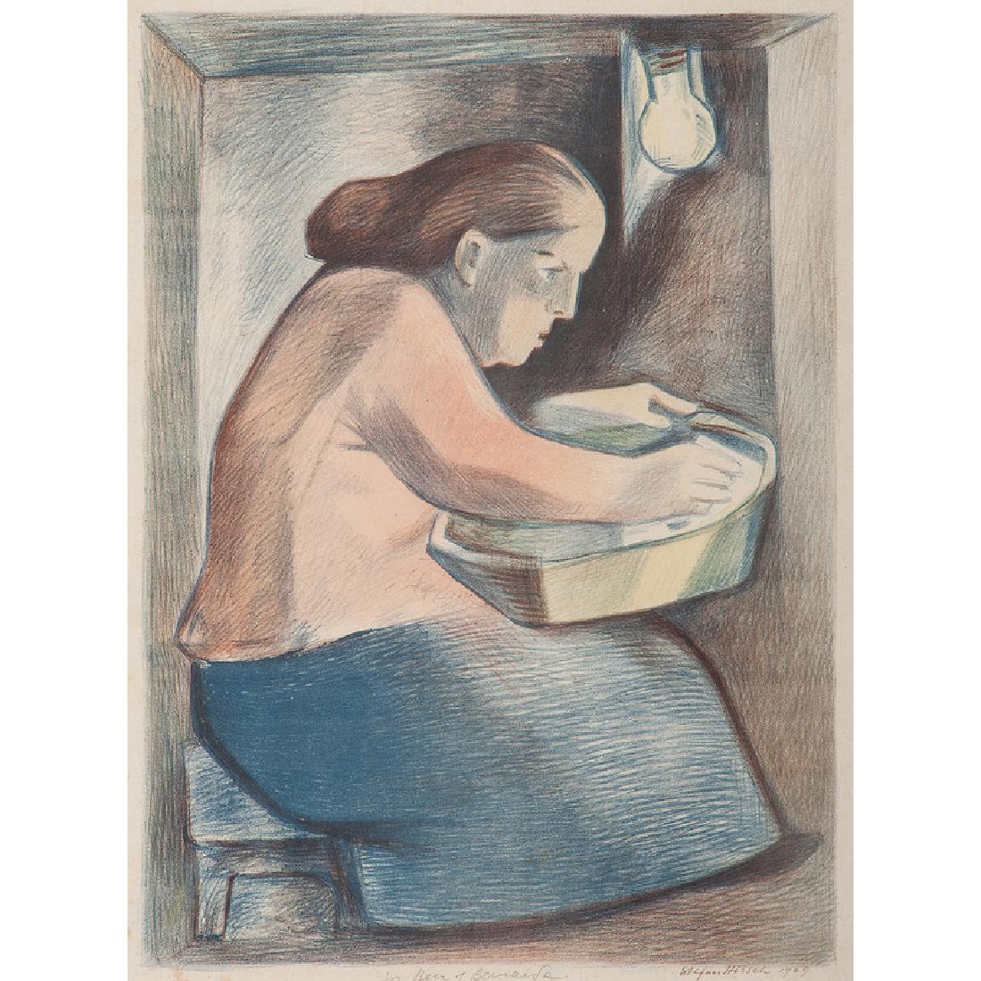 Stefan Hirsch (American, 1899-1964): Woman with Tub color lithograph signed and dated 1937 in pencil l.r. framed 11 x 8 in. (plate) 21.5 x 17.5 in. (frame)