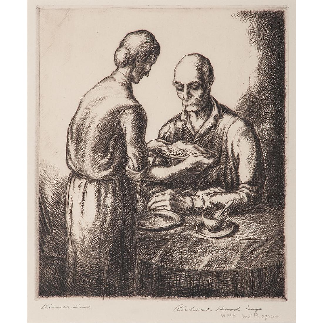 Richard Hood (American, 1910-1995): Dinner Time etching signed and inscribed WPA Art Program in pencil l.r. titled l.l. framed 8.25 x 7 in. (plate) 21.5 x 17.5 in. (frame)