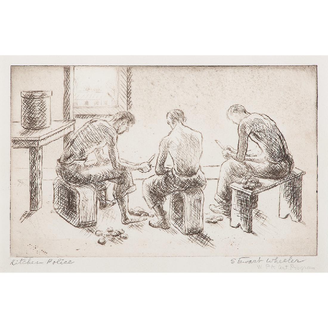 Stewart Wheeler (American, 1906-1975): Kitchen Police etching signed and inscribed WPA Art Program in pencil l.r. titled in pencil l.l. framed 4.75 x 7.75 in. (plate) 17.5 x 21.5 in. (frame)