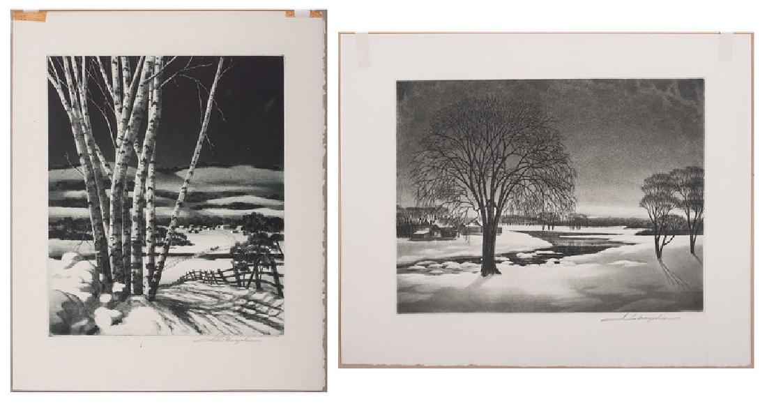 Samuel L. Margolies (American, 1897-1974), Two Etchings: Still As The Night aquatint etching signed in pencil l.r. unframed (matted) 9 x 11.75 in. (plate) Slumbering Meadows etching signed in pencil l.r.