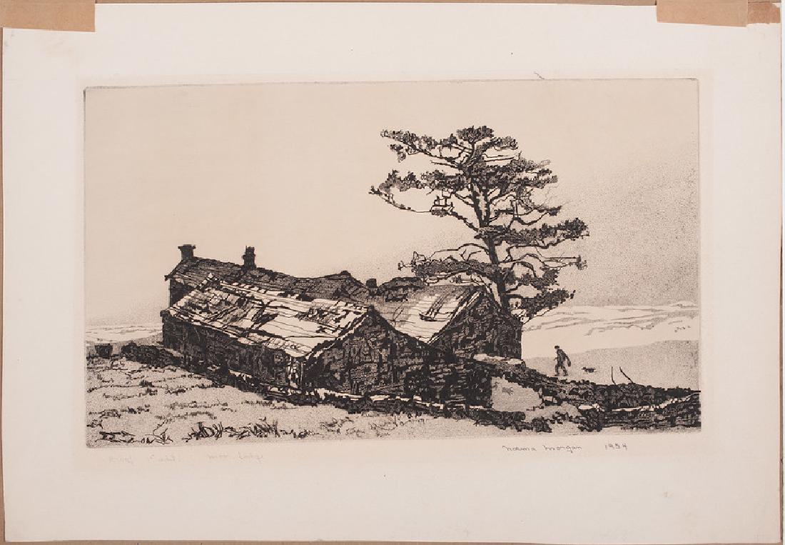 Norma Morgan (American, b. 1918): Moor Lodge engraving signed and dated 1954 in pencil l.r. inscribed Proof 1st edit. and titled in pencil l.l. unframed (matted) 8 x 13.75 in. (plate)