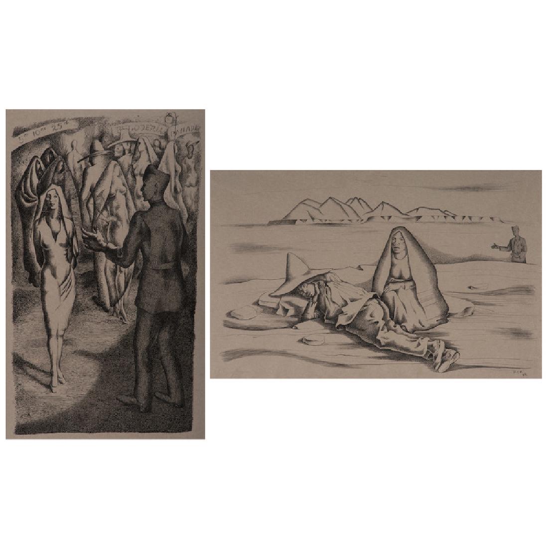Pen Drawings Depicting Mexican Scenes: Likely American, early 1940s. Two framed pen drawings, each initialed RCR and one dated 42; 13.25 x 21 in. (sight of each), 23 x 31.5 in. (frame of each).