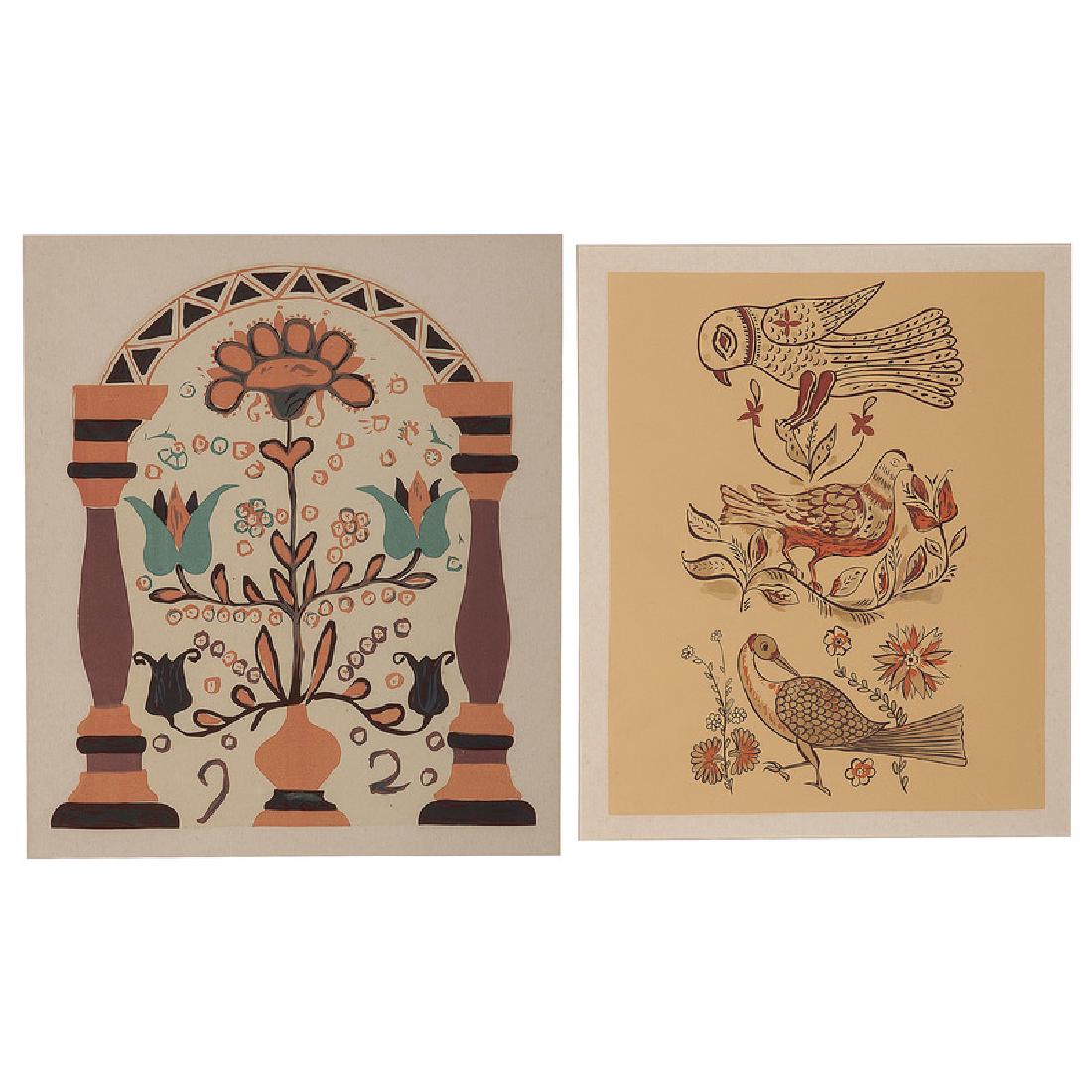Pennsylvania Dutch Design Serigraphs: American, 1943. A pair of framed serigraphs from the WPA Art Project, Metropolitan Museum of Art Creative Printmakers Group; 10 x 8 in. (plate of each) 20 x 15 in. (frame).