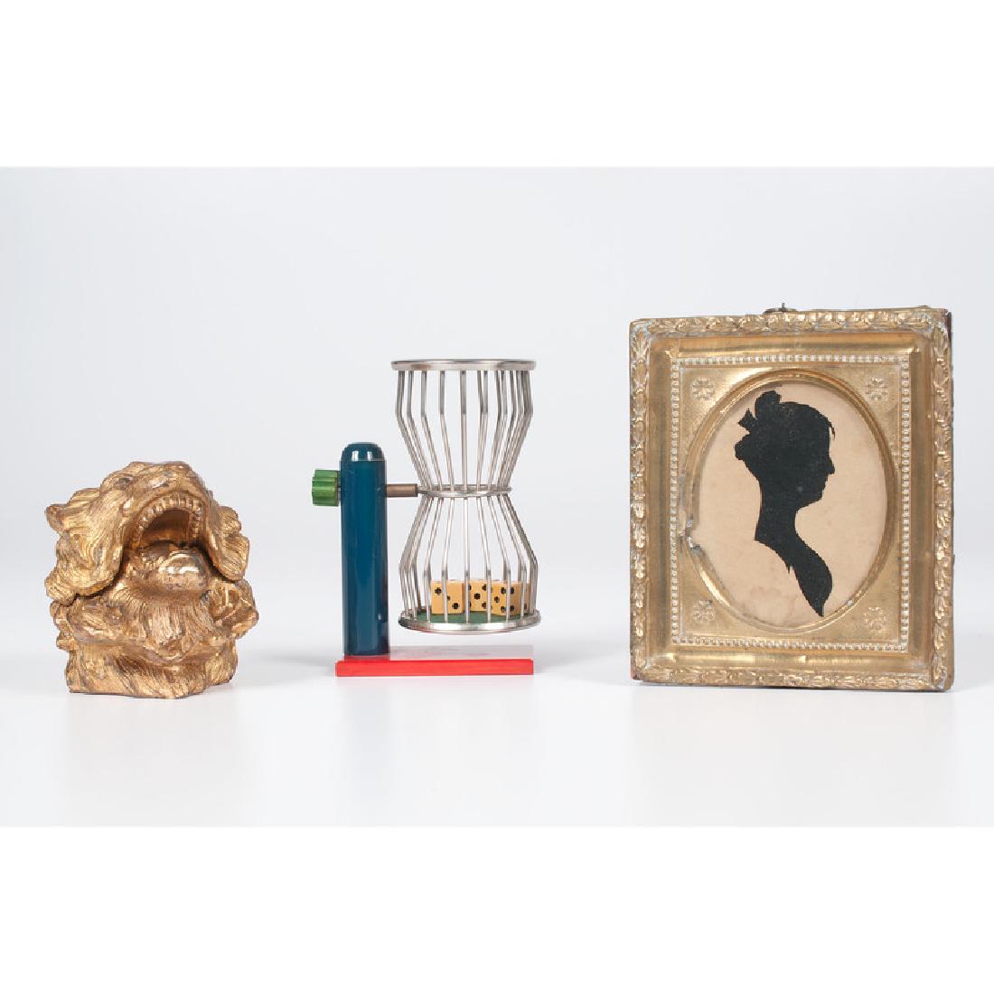 Gilt Inkwell and Silhouette, Plus: A gilt lion figural inkwell and a framed silhouette of woman, PLUS a dice tumbler; silhouette 4.5 x 5.25 in.