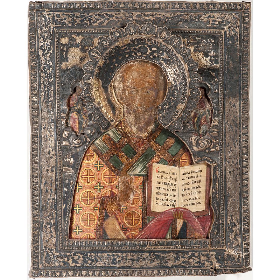 Russian Icon of St. Nicholas with Silver Riza: Russian, 19th century. An icon depicting St. Nicholas, with silver riza marked 84, dated 1894, with illegible maker's and assayer's mark, possibly Jacob Puschnikov; 14 x 11.25 in. Provenance: Propert