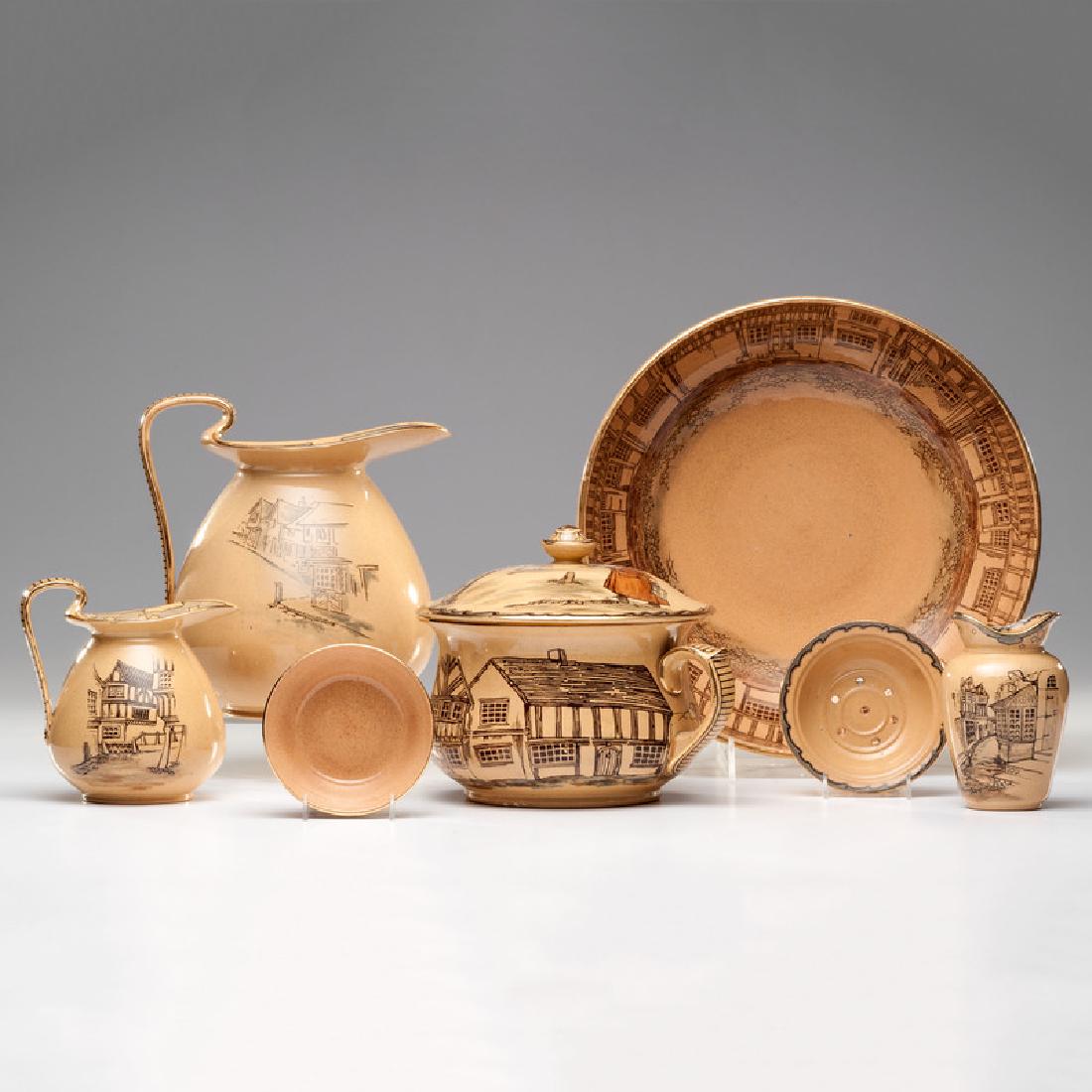 Royal Doulton Earthenware Vessels: English, ca 1901. A group of RoyalÂ Doulton earthenware including a lidded pot, a wash basin, two pitchers, a small vessel, and a soap dish. Each item marked, lidded pot marked with code numbers; ba