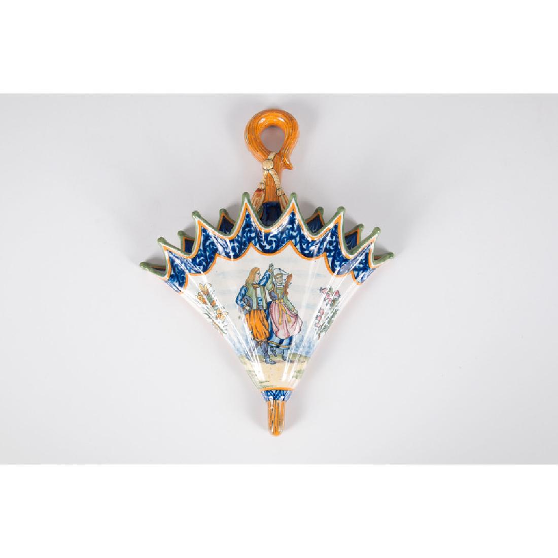 Quimper Faience Wall Pocket: French, 20th century. A faience wall pocket in the form of an umbrella, marked Henriot Quimper 142 on back; ht. 13 in.