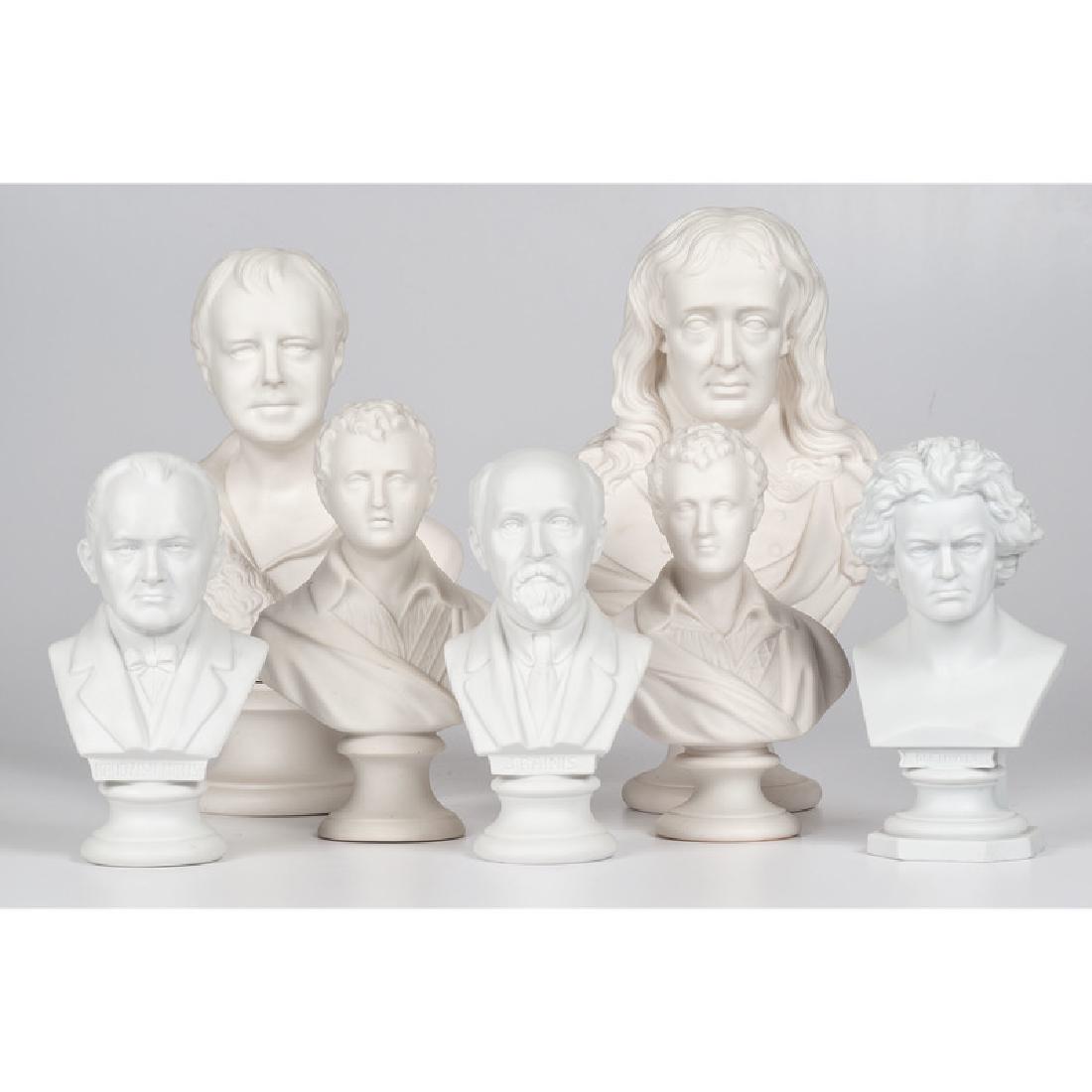 Parian Busts of Continental Cultural Figures: English. A group of seven parian busts including Beethoven, Lord Byron, Sir Walker Scott, J. Rainis, Kaudzisu Matiss, and three unidentified figures. Unmarked; largest ht. 12.5 in.
