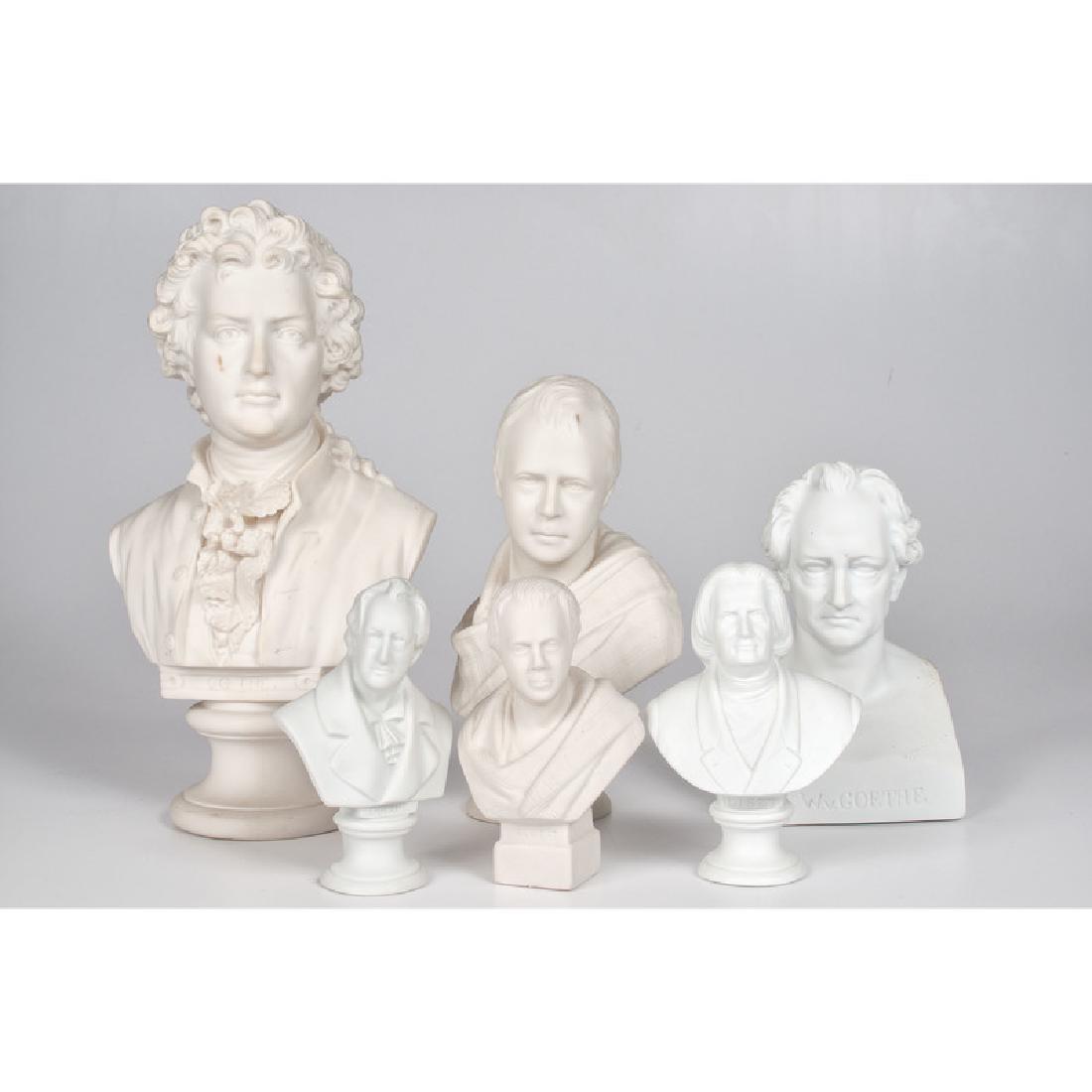 Parian Busts of Continental Figures: A group of six parian busts including three of Goethe, one of Sir Walter Scott, and one of Franz Liszt. Unmarked; largest ht. 12 in. Provenance: Property from the Inventory of Rex Stark