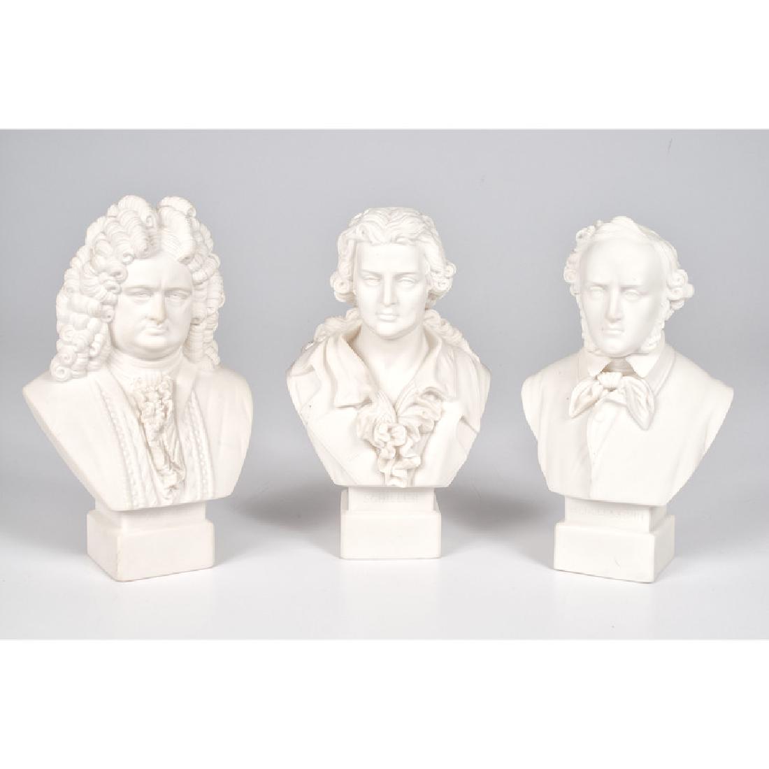 Robinson and Leadbeater Parian Busts of German: English. A group of three Robinson and Leadbeater parian busts, including George Handel, Friedrich Schiller, and Felix Mendelssohn, each with mark on back; largest ht. 8 in. Provenance: Property fr