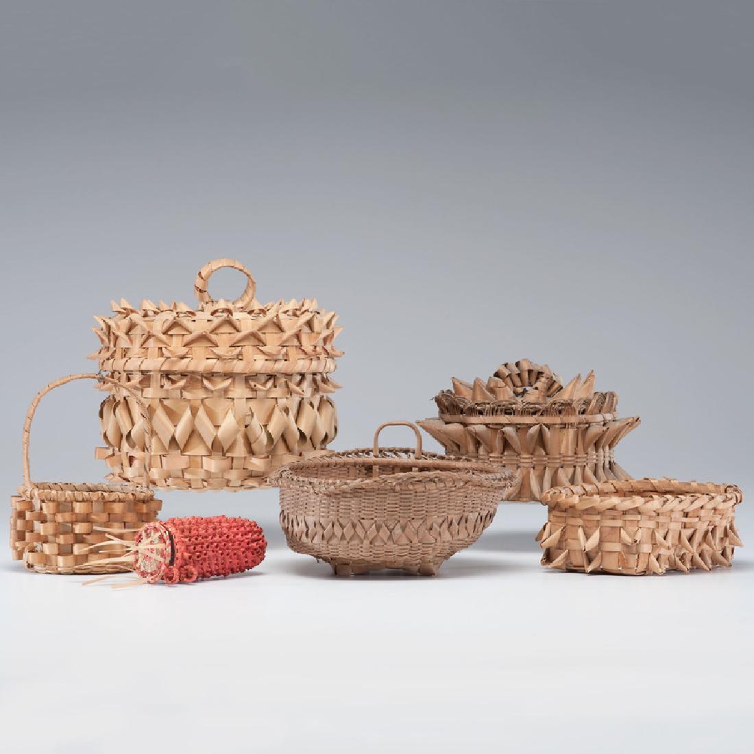 Northeastern Native American Split Ash Baskets: A lot of six including one basket in the form of an ear of corn by Annabelle Oaks (Mohawk), and five other Haudenosaunee (Iroquois) baskets crafted with "porcupine curls" and "thistles"; Oaks basket 