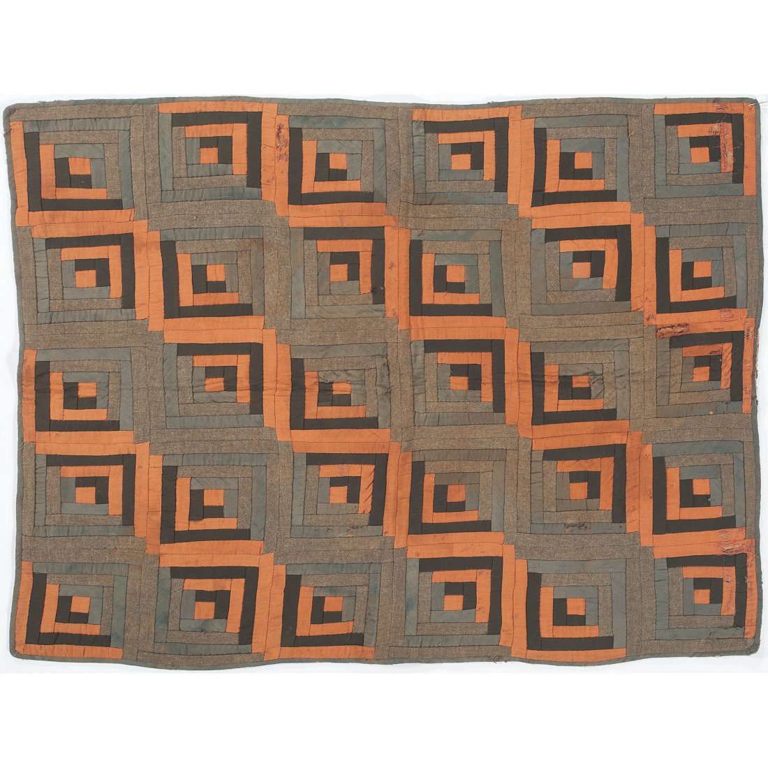 Log Cabin and Plain Crib Quilts: American, 19th-20th century. A pieced plain crib quilt in green and yellow and a log cabin crib quilt; plain quilt 52.5 x 42.5 in., log cabin quilt 37.25 x 30.75 in.