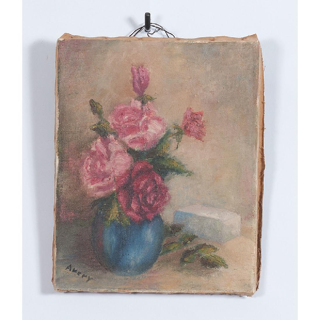Oil on Canvas Still Life, Signed Avery: American, 20th century. Oil on canvas, unframed, signed l.r., with a portrait of an 18th century woman on the reverse; 10 x 8 in. (canvas).