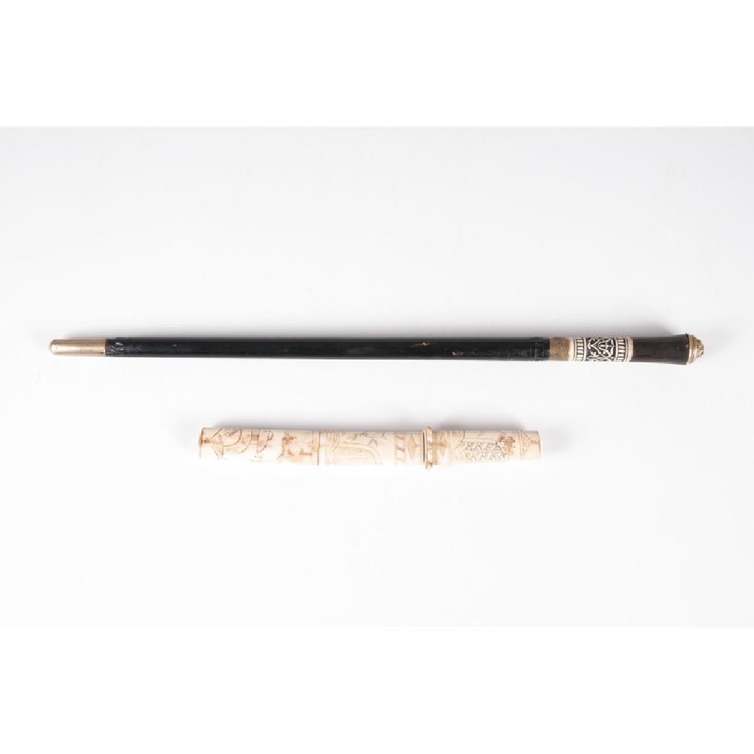 Chinese Carved Letter Opener and Indian Sword Stick: 19th-20th century. A carved bone letter opener and sword stick, ca 1920; opener lg. 11.75 in., stick lg. 23 in.