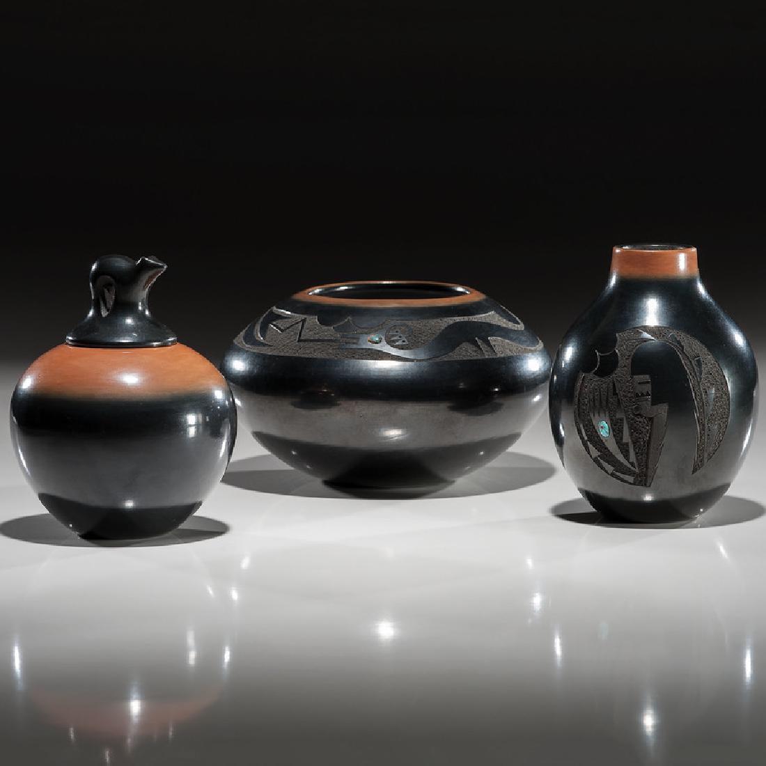 Dora Tse Pe (San Ildefonso, b. 1939) Black and Sienna: lot of 3, all signed and dated on base; includes a lidded jar with bear handle, height 6.5 in. x diameter 4.5 in.; PLUS a vase with sgrafitto and turquoise cabochon inset, height 6 in. x diameter 4