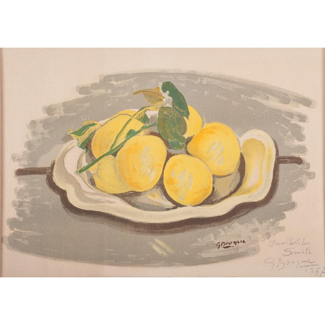 Georges Braque (French, 1882-1963): Corbeille de Fruits lithograph in colors signed in plate l.r. inscription Pour Carleton / Smith / G Braque / 1957 in pencil in margin l.r. unframed 15 x 22 in. (sheet size)
