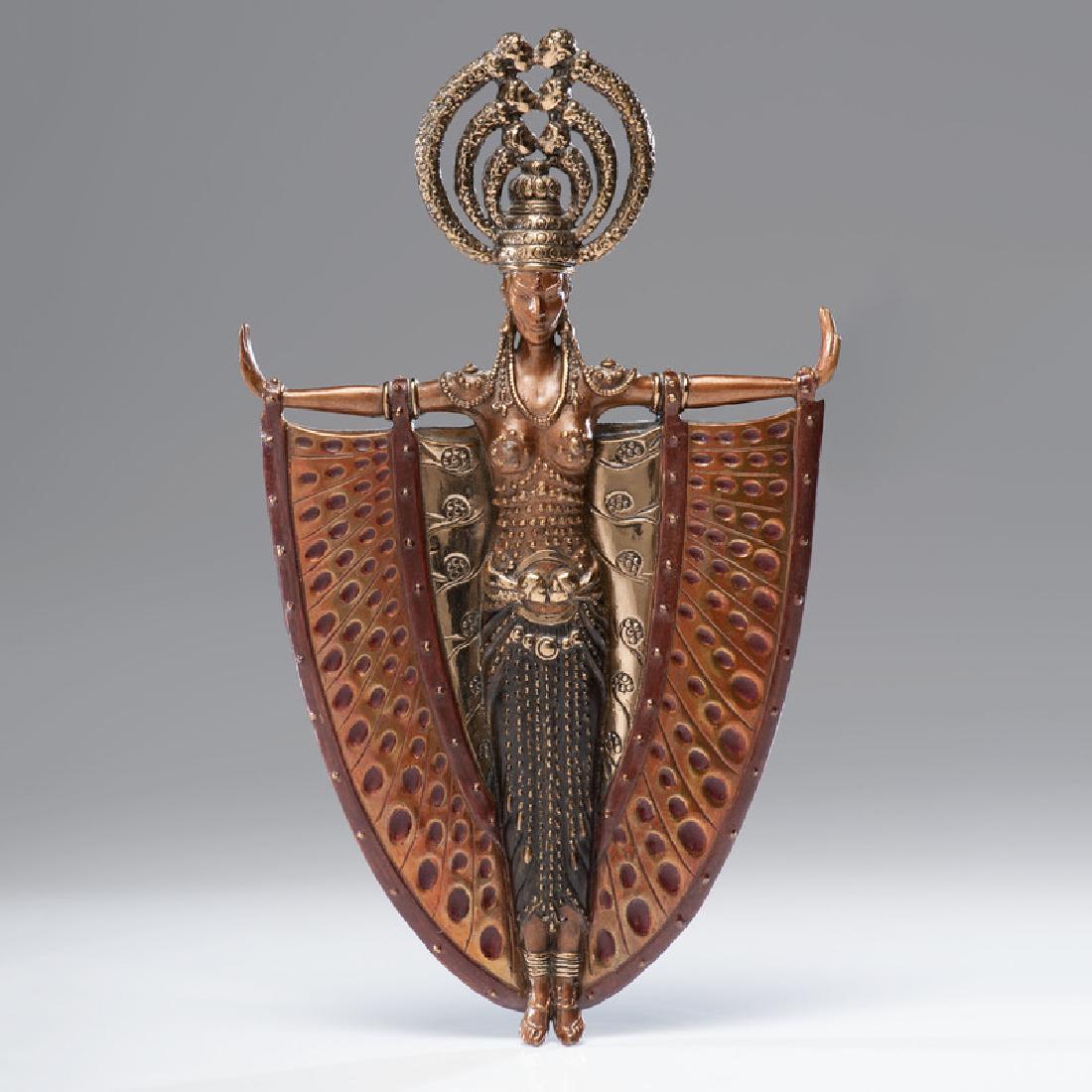 Erte (Russian/French, 1892-1990): Indo China Hand Mirror bronze signed, dated 1985 and numbered 191/250 R.K. Parker Foundry ht. 12, wd. 7 in. Presented with original fitted box and catalog, R.K. Pa