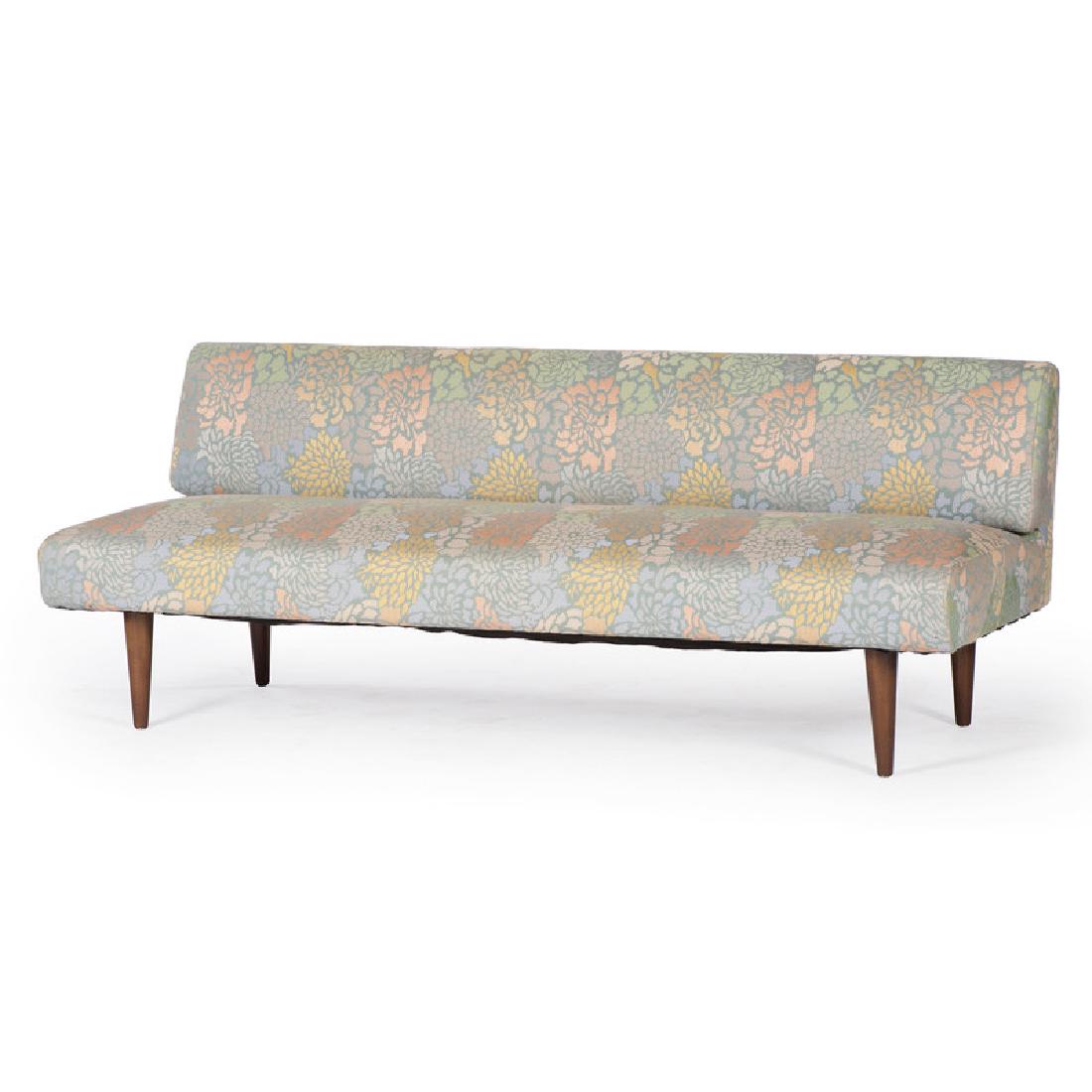 Edward Wormley for Dunbar Sofa, attributed: American, 20th century. A mid-century modern armless sofa with cylindrical wood legs, attributed to Dunbar; ht. 30.5, wd. 78, dp. 30 in.Â