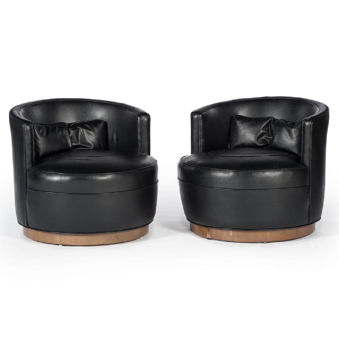 Edward Wormley for Dunbar Swivel Club Chairs: American, 20th century. A pair of mid-century modern barrel back club chairs with swivel bases, marked Dunbar on underside; oah. 26 in. (each).