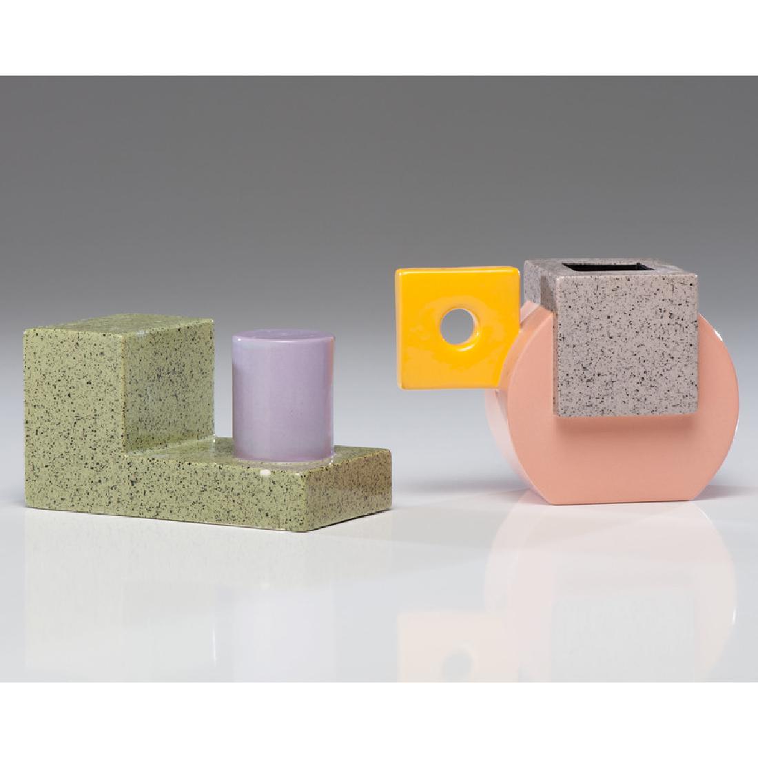 Michael Duvall (American, 1950-2004): Postmodern Teacup and Saucer porcelain ca 1980 artist signature incised on base ht. 6.75, wd. 6.5 dp. 2.75 in. With the geometric and architectural design of his utilitarian vess