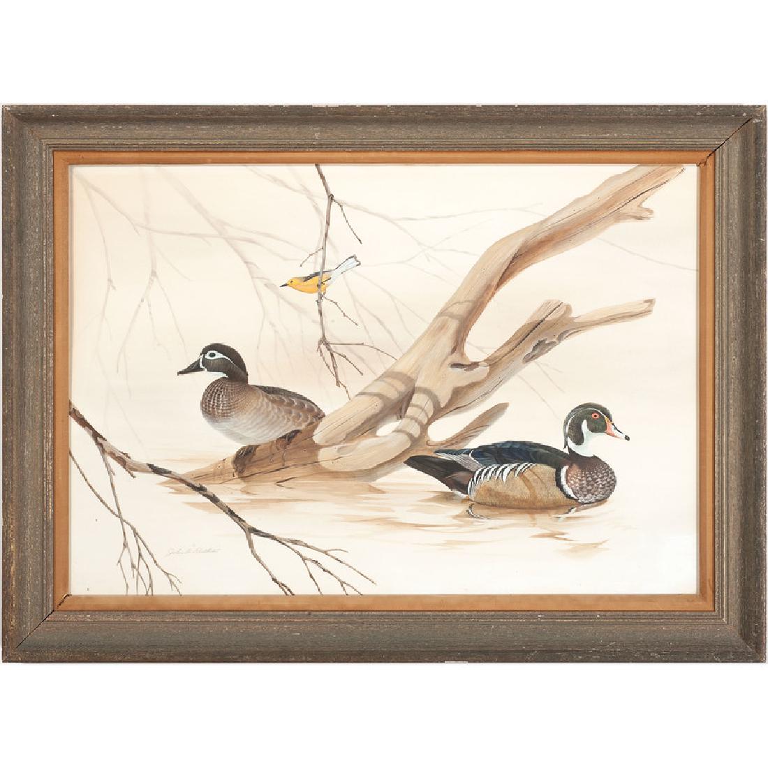 John Ruthven (Cincinnati, b. 1924) Watercolor: Wood Ducks 20th century signed l.l. framed 23.25 x 33 in. (sight) 30 x 39.5 in. (frame) John Ruthven is a staple of the Cincinnati art community and recognized nationally for