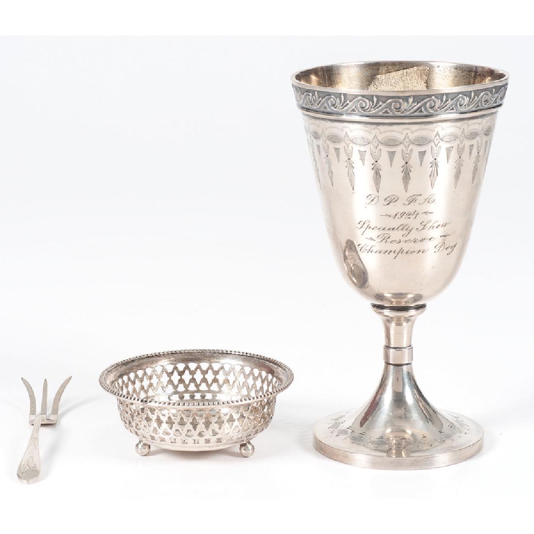 Gorham Sterling Silver: American, 20th century. Three pieces of Gorham sterling, including a canine trophy, each item marked; trophy ht. 6.25, wd. 3.5 in., silver weight 8.78ozt (273g).