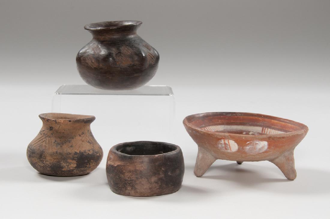 Pre-Columbian Pottery Bowls: Pre-Columbian. A group of four pottery bowls, including one redware grater bowl painted with red and white motifs, two jars in ovoid form with incised decoration, and one small cup-shaped bowl; grater