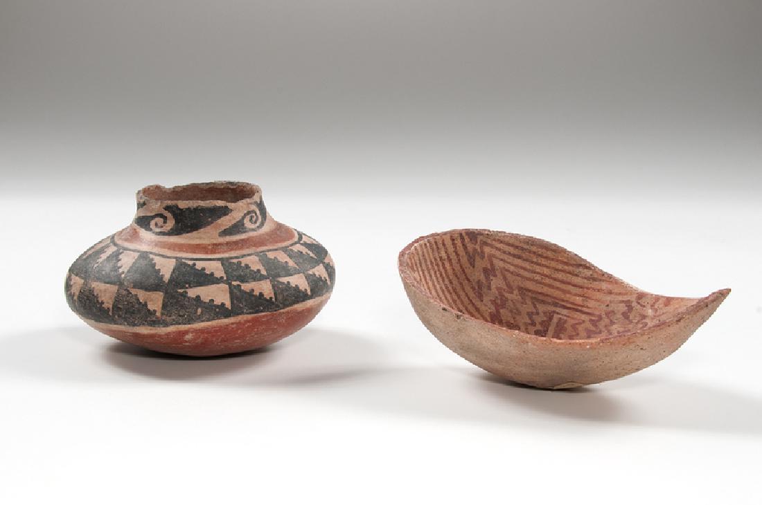 Salado Polychrome Pottery Jar and Hohokam Pottery Ladle: A group of two pottery vessels, including one Salado polychrome pottery jar (A.D. 1100-1250), and one Hohokam pottery ladle (A.D. 975-1150, Sedentary Period); jar ht. 5.25, dia. 8 in.