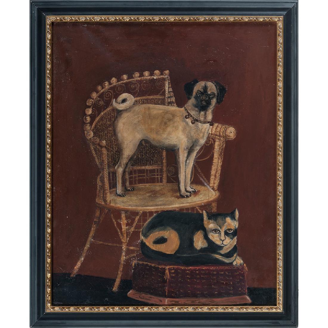 Folk Art Portrait of a Cat and a Dog: American, late 19th century. Oil on canvas, framed. A folk art portrait of a pug standing on a Victorian wicker chair and a cat resting on a foot stool below, unsigned; 28.5 x 23.25 in. (frame).