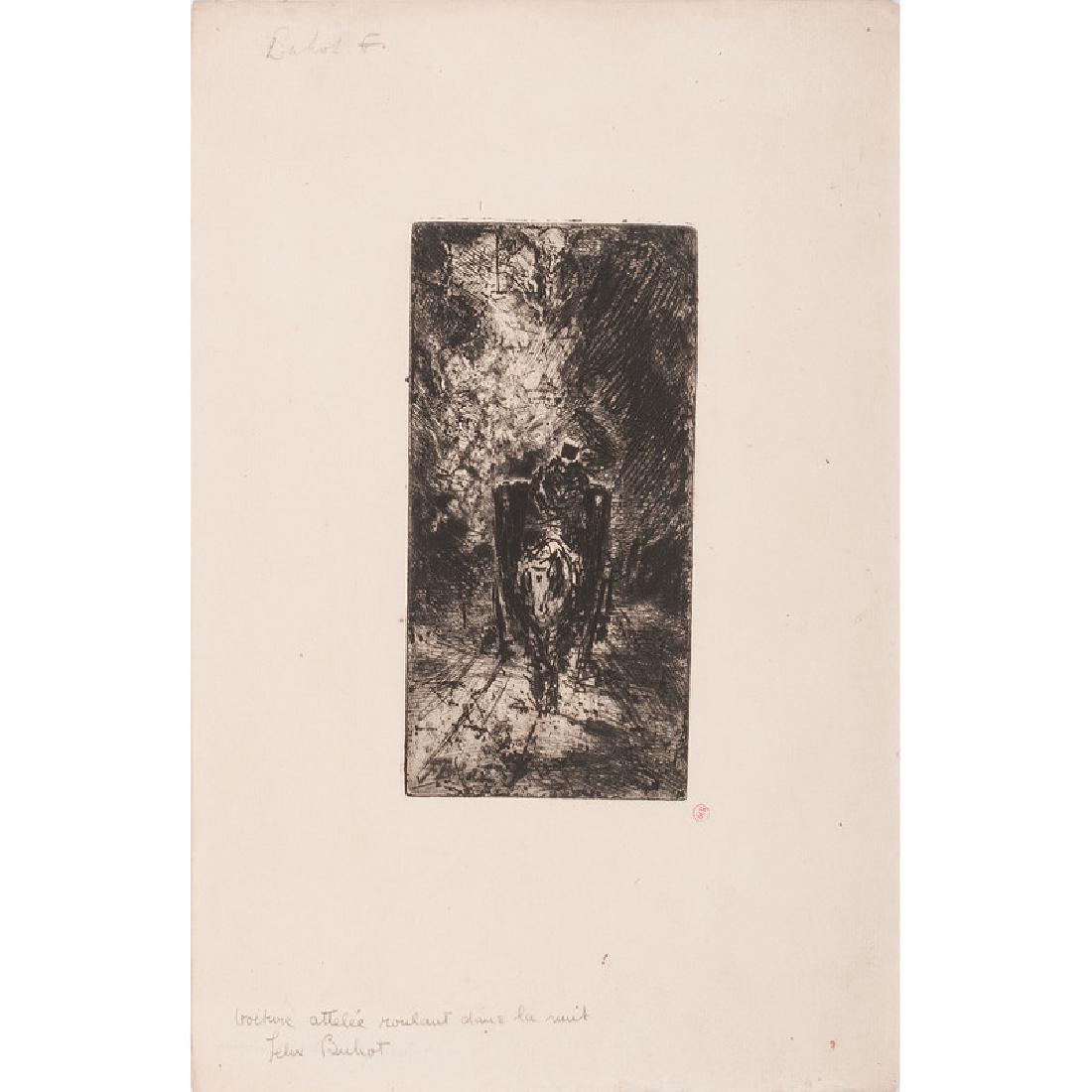 Felix Buhot (French, 1847-1898): Voiture Attelée Roulant dans la Nuit etching signed in plate l.l. KW red stamp l.r. in margin pencil inscriptions with artist name and title l.l. and u.l. unframed 6.2