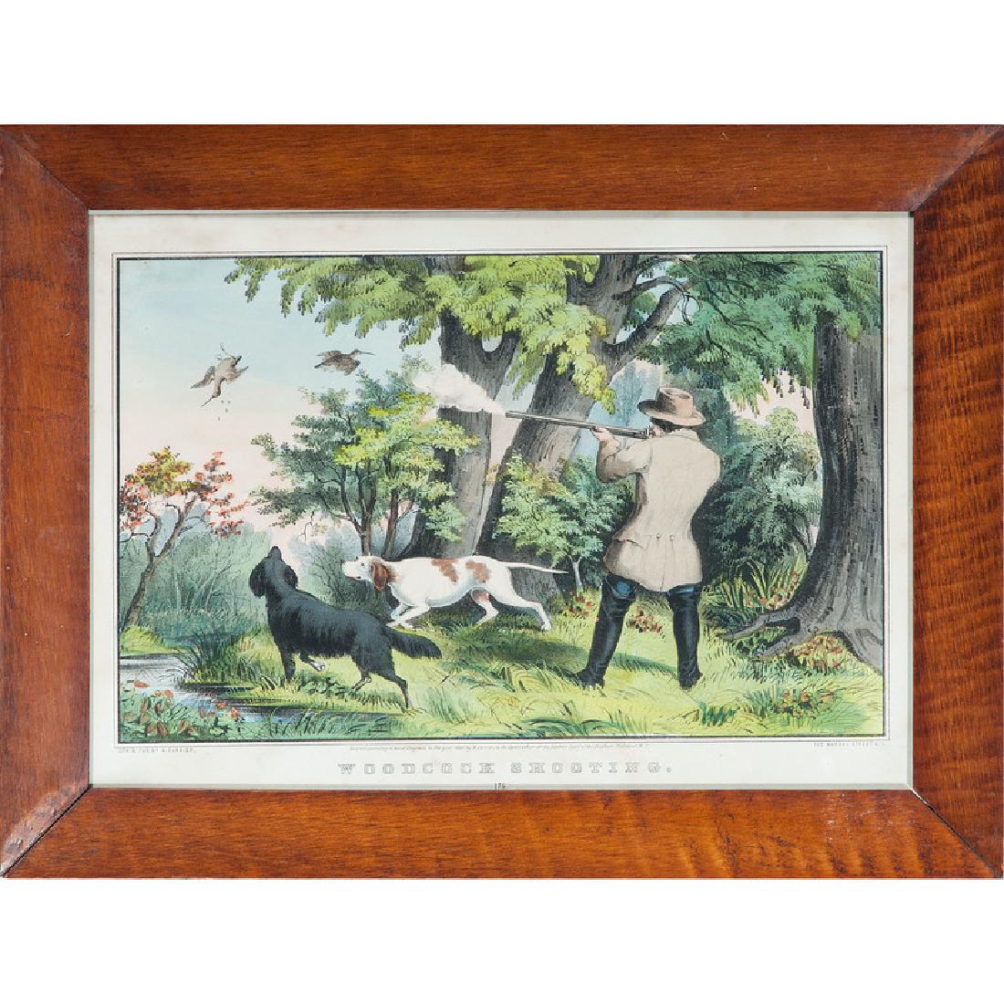 Woodcock Shooting by Nathaniel Currier, Small Folio: American, 19th century. A small folio, hand-colored lithograph by Nathaniel Currier, titled Woodcock Shooting. Framed; 9.5 x 13.25 in. (sight), 12.5 x 16.25 in. (frame). Provenance: Property from the 